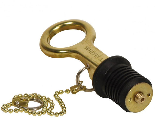 WhiteCap Industries S0209C Boat Drain Plug; Marine Series; Bailer; 1 Inch Diameter; Brass; With 8 Inch Chain