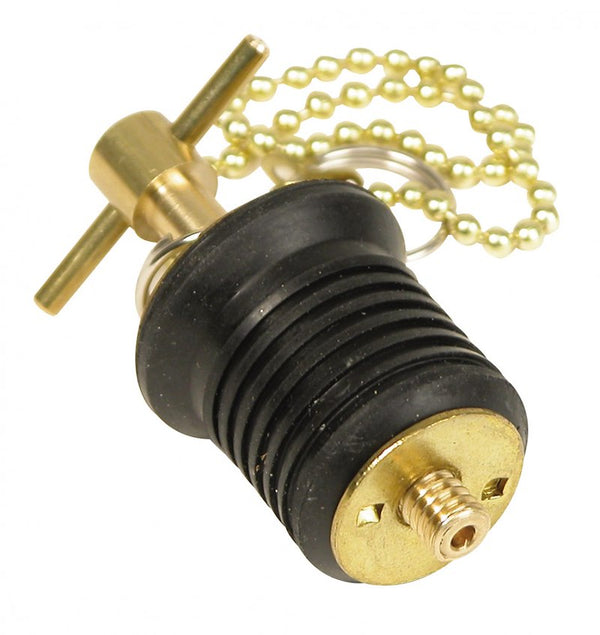 WhiteCap Industries S0293C Boat Drain Plug; Marine Series; Bailer; 1 Inch Diameter; Brass; With 8 Inch Brass Chain