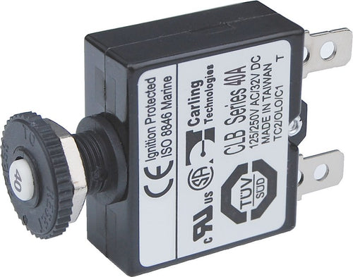 Blue Sea 7061BSS Circuit Breaker; 40 Amps/ 32 Volts DC; Thermal Type; 1/4 Inch Male Quick Connect Terminal; Push Button Manual Reset