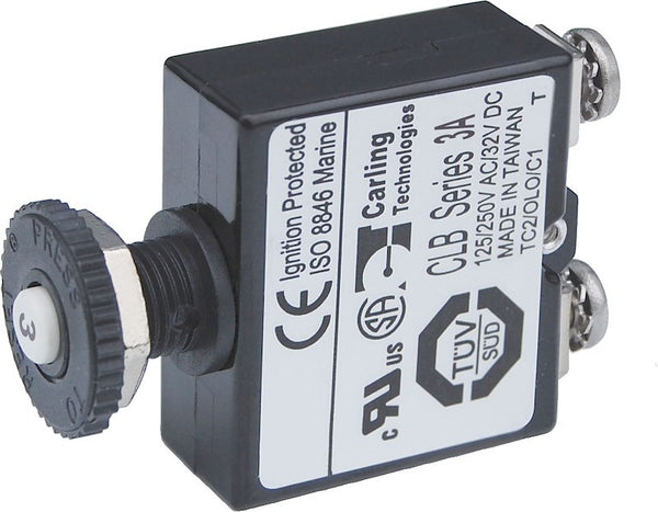 Blue Sea 2129BSS Circuit Breaker; 3 Amps/ 32 Volts DC; Thermal Type; No 8 Screw Terminal; Push Button Manual Reset