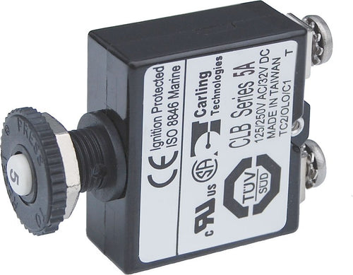 Blue Sea 2130BSS Circuit Breaker; 5 Amps/ 32 Volts DC; Thermal Type; No 8 Screw Terminal; Push Button Manual Reset