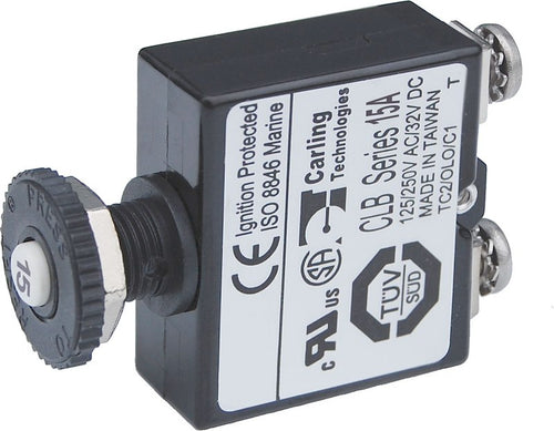 Blue Sea 2133BSS Circuit Breaker; 15 Amps/ 32 Volts DC; Thermal Type; No 8 Screw Terminal; Push Button Manual Reset