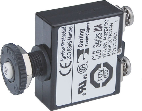 Blue Sea 2134BSS Circuit Breaker; 20 Amps/ 32 Volts DC; Thermal Type; No 8 Screw Terminal; Push Button Manual Reset
