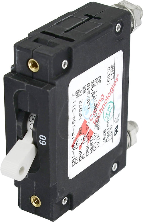 Blue Sea 7246BSS Circuit Breaker; C-Series; 60 Amp/ 240 Volt AC/ 80 Volt DC; Manual Reset; White; Single Pole Magnetic Hydraulic Type; Toggle Actuator; 1/4 Inch-20 Stud Terminal;