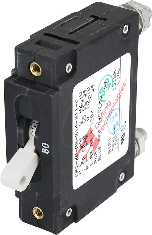 Blue Sea&nbsp;7248BSS  Circuit Breaker; C-Series; 80 Amps/ 240 Volt AC/ 80 Volt DC; Fits Marine And Vehicle AC And DC Electrical Systems; Manual Reset; Toggle Actuator; Single; Single Pole Magnetic Hydraulic Type