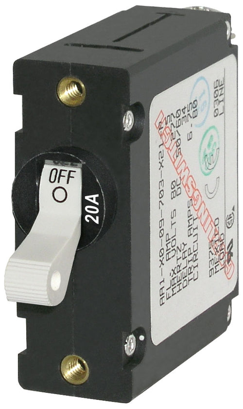 Blue Sea 7214BSS Circuit Breaker; A Series; 20 Amps/ 240 Volt AC/ 65 Volt DC; White; Single Pole Magnetic Hydraulic Type; Toggle Actuator; No 10-32 Screw Terminal; Single; Trip Free Design