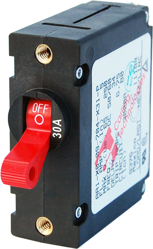 Blue Sea 7221BSS Circuit Breaker; A Series; 30 Ampere; 240 Volt AC/ 65 Volt DC; For Blue Sea System Electrical Panels; Red; Single Pole Magnetic Hydraulic Type; Toggle Actuator; #10-32 Screw Terminal; Single