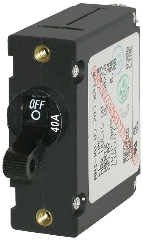 Blue Sea 7224BSS Circuit Breaker; A Series; 40 Amps/ 240 Volt AC/ 65 Volt DC; Black; Single Pole Magnetic Hydraulic Type; Toggle Actuator; No 10-32 Screw Terminal; Single