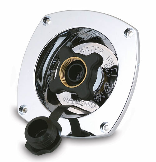 SHURflo 18302914 Fresh Water Inlet; Used For RV Fresh Water System; Flush Mount Type; 3/4 Inch GSH Female Swivel Inlet x 1/2 Inch Male NPSM(National Pipe Straight Mechanical) Outlet