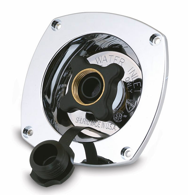 SHURflo 18302914 Fresh Water Inlet; Used For RV Fresh Water System; Flush Mount Type; 3/4 Inch GSH Female Swivel Inlet x 1/2 Inch Male NPSM(National Pipe Straight Mechanical) Outlet