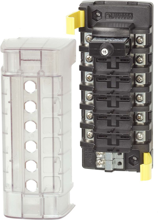 Blue Sea 5050BSS Circuit Breaker Block; 6 Position Independent Source Without Ground Base; 32 Amp Per Circuit/ 40 Amp Per Jumped Circuit Group Maximum Operating Current; 32 Volt DC Maximum Operating Voltage