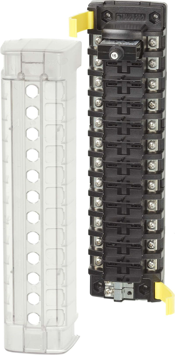 Blue Sea 5051BSS Circuit Breaker Block; 12 Position Independent Source Without Ground Base; 32 Amp Per Circuit/ 40 Amp Per Jumped Circuit Group Maximum Operating Current; 32 Volt DC Maximum Operating Voltage