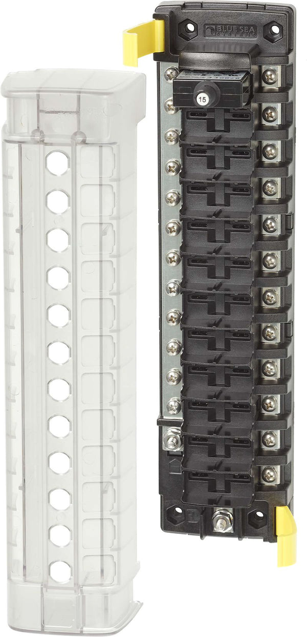 Blue Sea 5054BSS Circuit Breaker Block; 12 Position Common Source With Ground Base; 32 Amp Per Circuit/ 100 Amp Per Block Maximum Operating Current; 32 Volt DC Maximum Operating Voltage