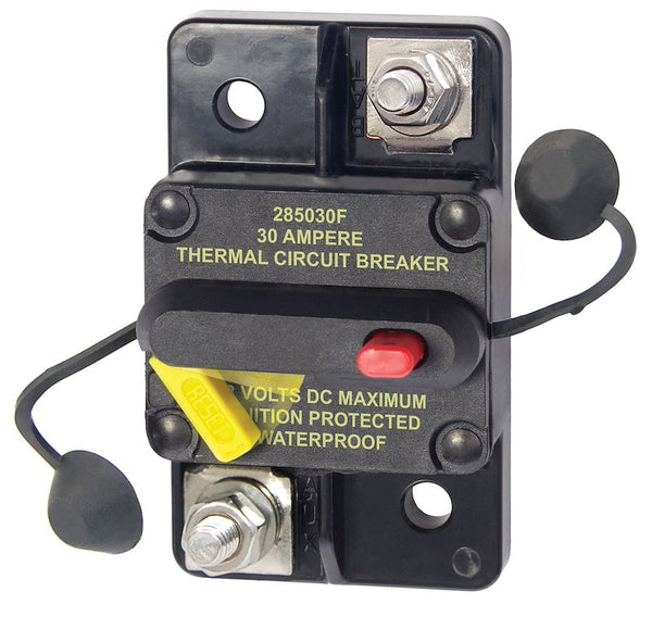 Blue Sea 7181BSS Circuit Breaker; 285 Series; 30 Amp/ 48 Volt DC; Surface Mount; Thermal Type; M6 Stud Terminal; Switchable/Manual Reset; Single; Ignition Protected