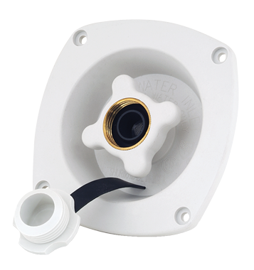 SHURflo 18302918 Fresh Water Inlet; Used For RV Fresh Water System; Flush Mount Type; 3/4 Inch GSH Female Swivel Inlet x 1/2 Inch Male NPSM(National Pipe Straight Mechanical) Outlet; White