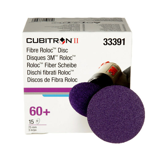 3M 33391 Grinding Disc; 3 Inch Diameter; 60+ Grade; Purple; Cubitron II Mineral; Roloc Type Attachment; Machine