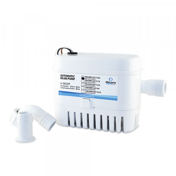White submersible pump with labels on a white background