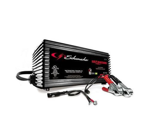 Schumacher SC1355 Battery Charger; BUILT4CHARGING; For 6 Or 12 Volt Batteries; 120 Volt Power Supply; 1.5 Amp Charging Current; 7-1/4 Inch Length x 3-1/2 Inch Width x 7-1/4 Inch Height