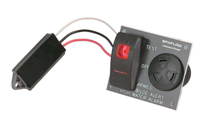 High water alarm device with wiring on a white background