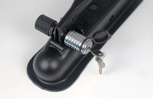 DeadBolt RC2 Trailer Hitch Lock; Trailer Coupler Lock; For 1/2 Inch Opening Conventional Lever Style Couplers; Flush Lock Design; Steel; With 2 keys; Black; Nickel Chrome Finish